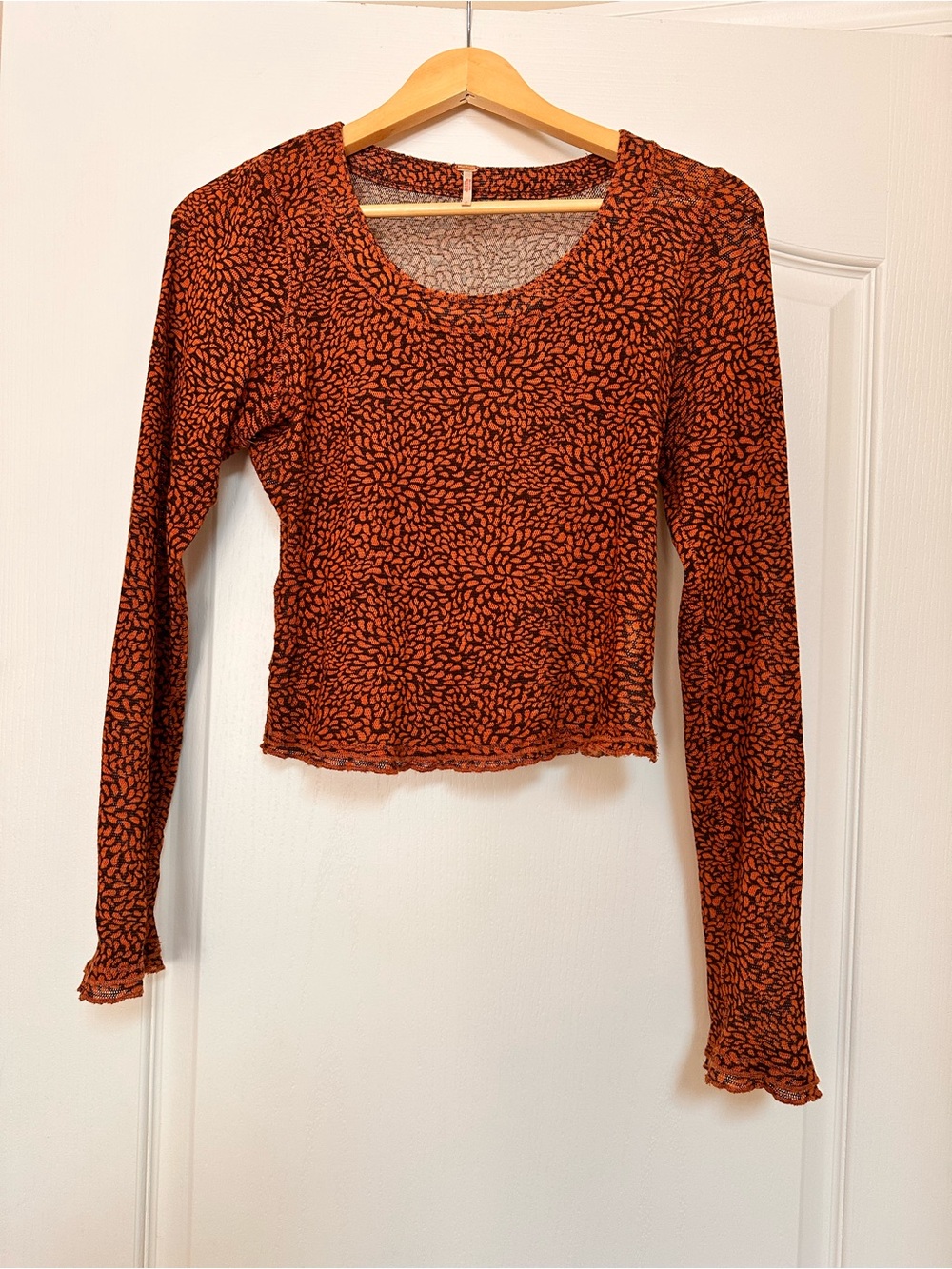 Free People Rust and Black Floral-Print Long Sleeve Crop Top